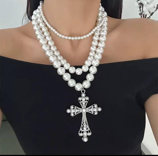 WHITE CROSS PENDANTS MULTILAYED PEARL NECKLACES
