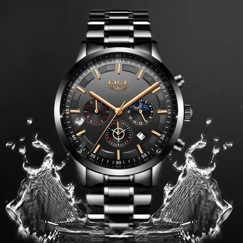 LIGE LG877A BATTERY POWERED CHRONOGRAPH MOVEMENT STAINLESS STEEL DATE DISPLAY MOON PHASE FUNCTION