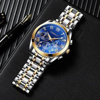 TISSELLY BATTERY POWERED CHRONOGRAPH MOVEMENT MOONPHASE DISPLAY STAINLESS STEEL : TWO TONE BLACK TWO TONE BLUE