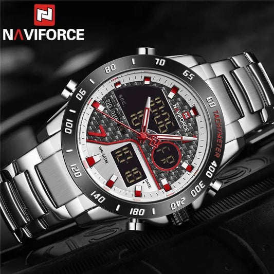 NAVIFORCE MEN NF 9171 SILVER DUAL DISPLAY WATER RESISTANT 30 ATM STAINLESS STEEL NAVIFORCE BRANDED BOX