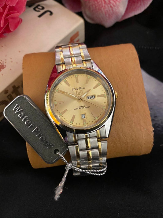 PHILIP PERSIO DAY&DATE DISPLAY WATERPROOF BATTERY POWERED GOLD TWO-TONE