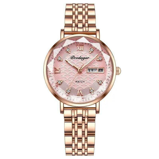 . POEDAGAR LADIES 3011 ROSE GOLD ROSE PINK DAY AND DATE DISPLAY WATER RESISTANT BATTERY POWERED