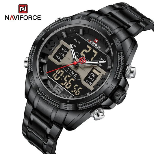 NAVIFORCE GENTS WATCH #NF 9201 ANALOGUE & DIGITAL DISPLAY LIGHT BUTTON WATER RESISTANT BATTERY POWERED BLACK BLUE NAVIFORCE BRANDED BOX ENQUIRIES
