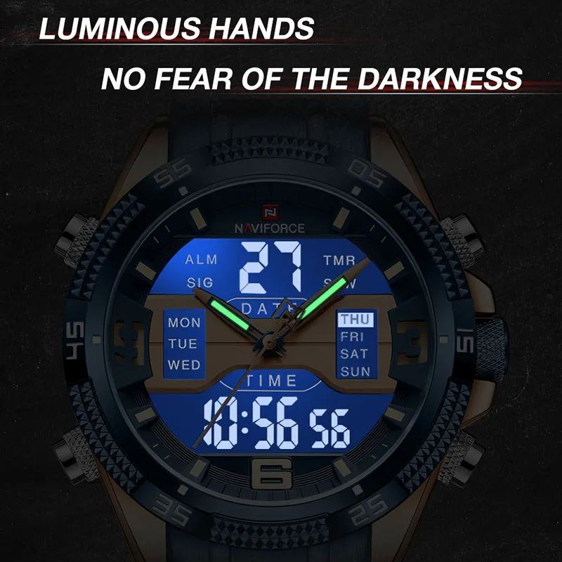 NAVIFORCE GENTS WATCH #NF 9201 ANALOGUE & DIGITAL DISPLAY LIGHT BUTTON WATER RESISTANT BATTERY POWERED BLACK BLUE NAVIFORCE BRANDED BOX ENQUIRIES