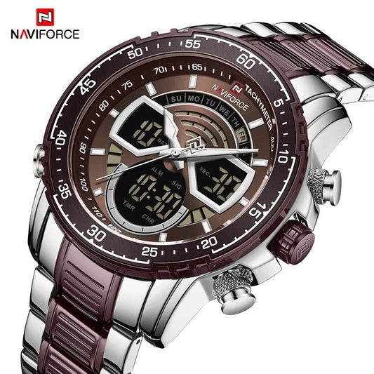 NAVIFORCE GENTS WATCH #NF 9189 ANALOGUE & DIGITAL DISPLAY LIGHT BUTTON WATER RESISTANT BATTERY POWERED SILVER-BLUE SILVER-COFFEE NAVIFORCE BRANDED BOX ENQUIRIES