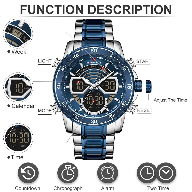 NAVIFORCE GENTS WATCH #NF 9189 ANALOGUE & DIGITAL DISPLAY LIGHT BUTTON WATER RESISTANT BATTERY POWERED SILVER-BLUE SILVER-COFFEE NAVIFORCE BRANDED BOX ENQUIRIES