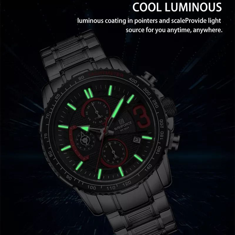 NAVIFORCE GENTS WATCH #NF 8017 DATE DISPLAY LUMINOUS WATER RESISTANT BATTERY POWERED CHRONOGRAPH FUNCTION SILVER-GREEN SILVER-BLUE SILVER-RED NAVIFORCE BRANDED BOX ENQUIRIES