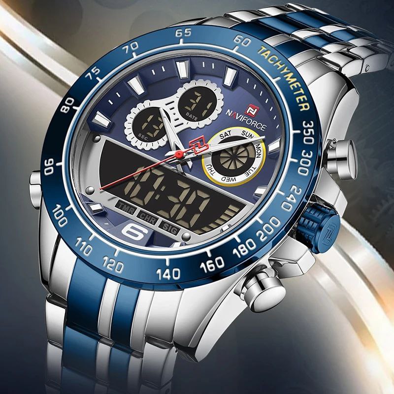 NAVIFORCE GENTS WATCH #NF 9188 ANALOGUE & DIGITAL DISPLAY LIGHT BUTTON WATER RESISTANT BATTERY POWERED GOLD SILVER SILVER-BLUE NAVIFORCE BRANDED BOX ENQUIRIES