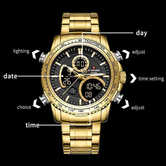 NAVIFORCE GENTS WATCH #NF 9182 ANALOGUE & DIGITAL DISPLAY LIGHT BUTTON WATER RESISTANT BATTERY POWERED SILVER-BLUE GOLD BLACK NAVIFORCE BRANDED BOX ENQUIRIES