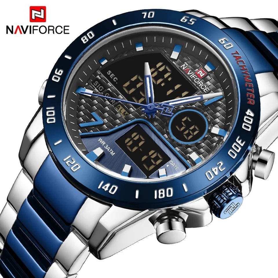 NAVIFORCE GENTS WATCH #NF 9171 ANALOGUE & DIGITAL DISPLAY LIGHT BUTTON WATER RESISTANT BATTERY POWERED BLACK SILVER-BLUE NAVIFORCE BRANDED BOX ENQUIRIES