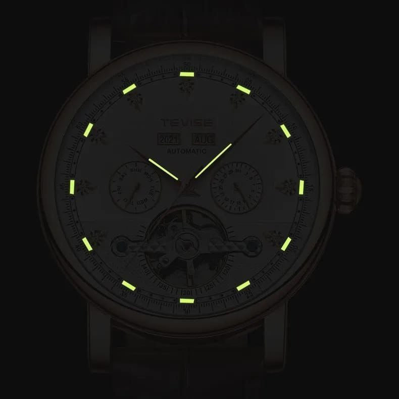 TEVISE AUTOMATIC GENTS WATCH YEAR DISPLAY MONTH DISPLAY DAY&DATE DISPLAY LUMINOUS TOURBILLON MACHINE BROWN