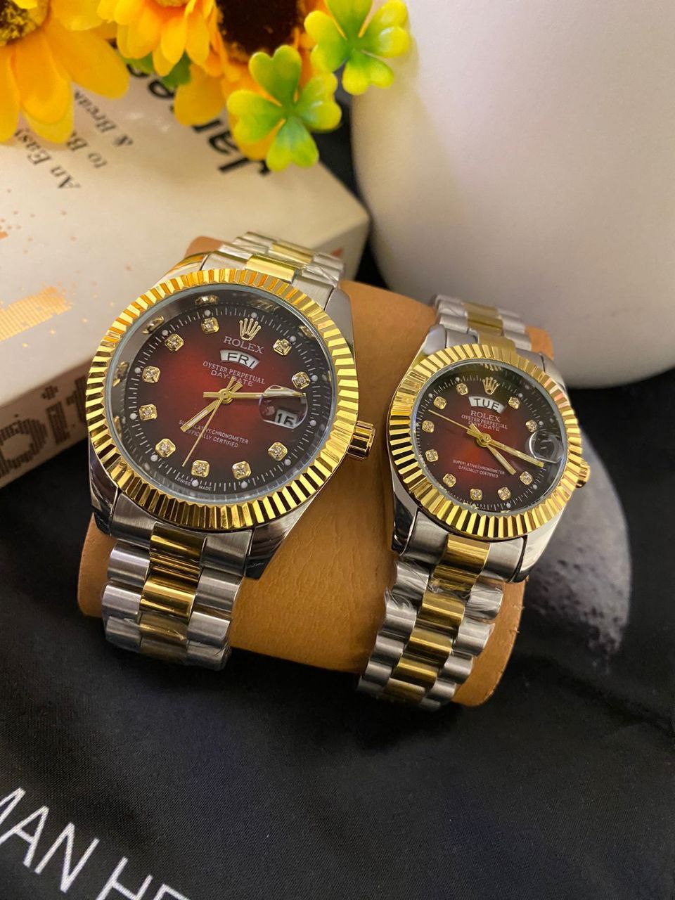 COUPLE ROLEX DAY AND DATE DISPLAY BATTERY POWERED A PAIR SINGLE ROLEX BRANDED BOX