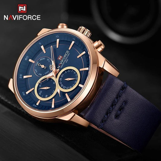 NAVIFORCE GENTS WATCH #NF 9148 CHRONOGRAPH(DAY,DATE,24 HRS CLOCK) LEATHER STRAP WATER RESISTANT BATTERY POWERED BROWNBLUE WHITEROSEGOLD BLUE NAVIFORCE BRANDED BOX