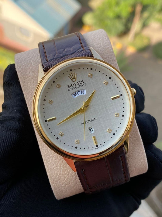 LEATHER DAY &DATE WATCH WATER RESISTANT BATTERY POWERED