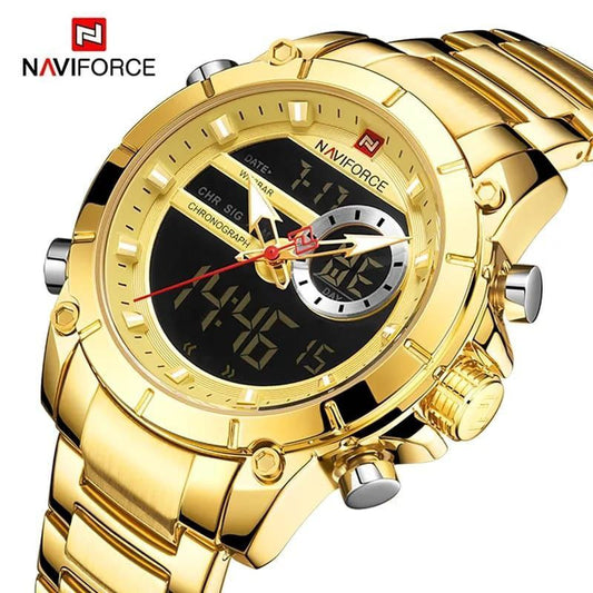 NAVIFORCE GENTS WATCH #NF 9163 ANALOGUE & DIGITAL DISPLAY LIGHT BUTTON WATER RESISTANT BATTERY POWERED GOLD BLACK BLUE NAVIFORCE BRANDED BOX