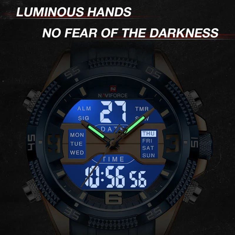 #NAVIFORCE GENTS WATCH #NF 9201 ANALOGUE & DIGITAL DISPLAY LIGHT BUTTON WATER RESISTANT BATTERY POWERED BLACK BLUE ENQUIRIES