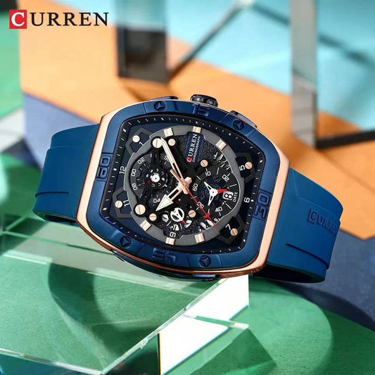 CURREN CHRONOGRAPH GENTS WATCH #8443 RUBBER STRAP CHRONOGRAPH MOVEMENT DATE DISPLAY BATTERY POWERED CURREN BRANDED BOX