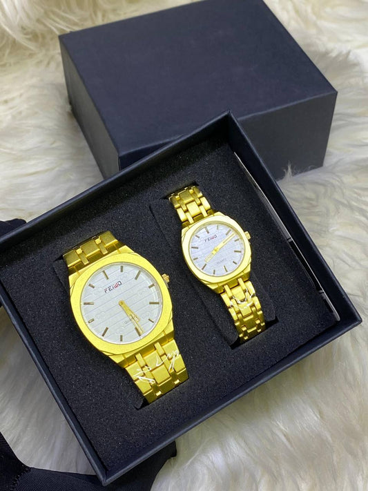 FEI WO COUPLE WATCHES A PAIR + BOX WATER RESISTANT STAINLESS STEEL FINISH NON FADE ENQUIRIES &