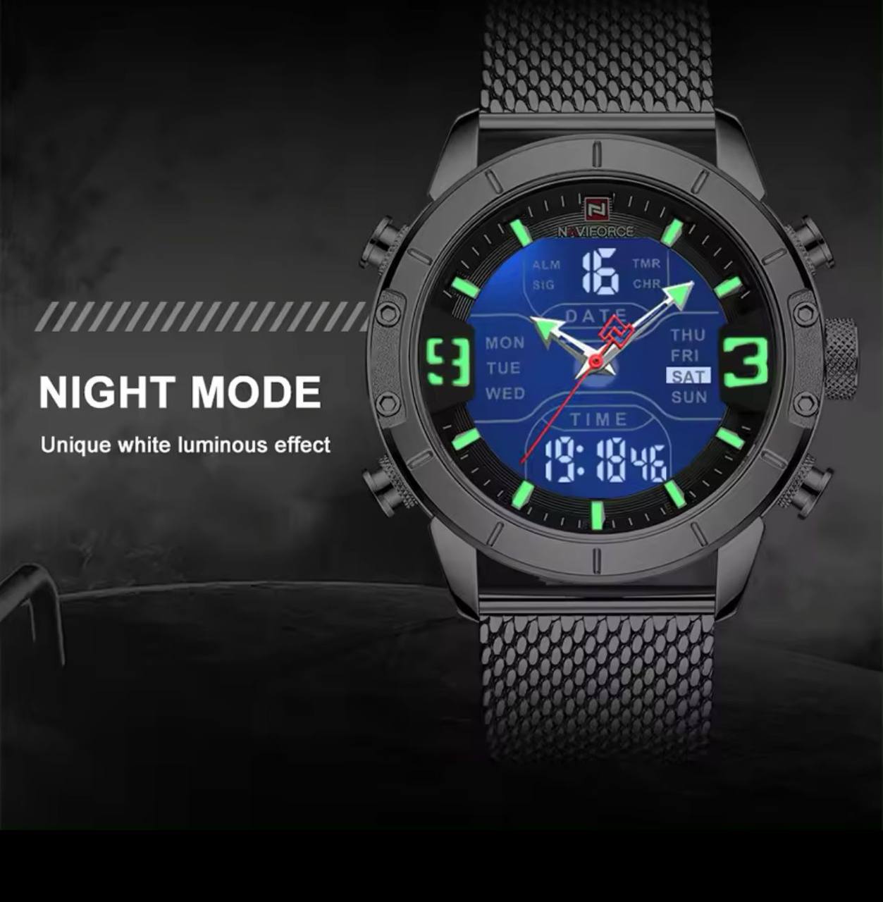 NAVIFORCE GENTS WATCH #NF 9153 ANALOGUE & DIGITAL DISPLAY LIGHT BUTTON WATER RESISTANT BATTERY POWERED AND ENQUIRIES