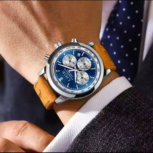 LIGE CHRONOGRAPH BLACK BLUE BATTERY POWERED CHRONOGRAPH MOVEMENT STAINLESS STEEL DATE DISPLAY MOON PHASE FUNCTION COMES A LIGE BRANDED BOX ORDER AND ENQUIRIES