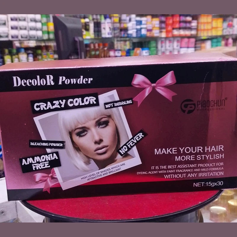 Decolor Powder packaging with a woman's face on a red background in a store setting