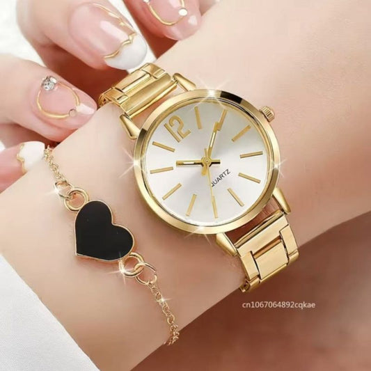 2PCS Elegant Golden Watches Bracelet Set Luxury Fashion Ladies Watch Quartz Wristwatches Heart Charm Bracelet Set Gifts