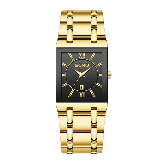 SENO Luxury Gold Full Steel Watches Mens Square Quartz Calendar WristWatch For Men Sport Waterproof