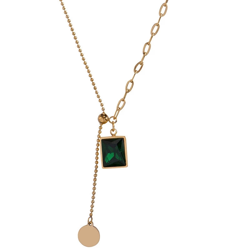 Luxury Emerald Stainless Steel Gold Necklace For Woman Fashion Jewelry Girl's Clavicle Chain