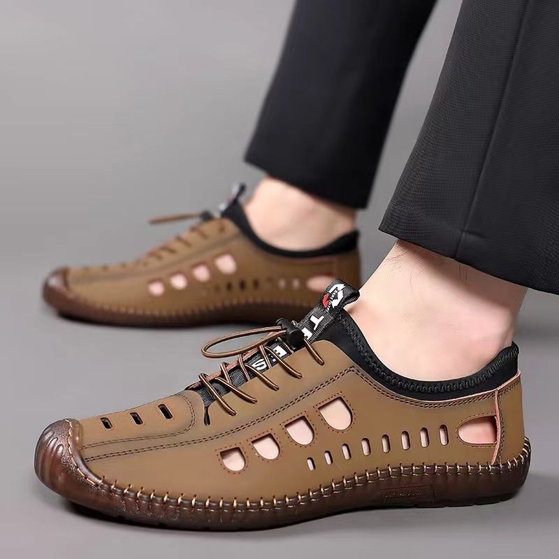 ASSKLO Men Leather Sandals PU Leather Loafers Hole Shoes Non-slip Cow Tendon Sole Casual Shoes Wading Shoes Beach Shoes Oxford outdoor lightweight sneakers Casual Sandals Hollow Out Shoes Flats brown