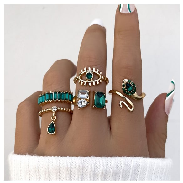 ZHJH 5PCS Rings Set Retro Imitation Gemstone Diamond Serpentine Water Drop Pendant Ring Creative Fashion Joint Ring Alloy Personalized Chain Open Ring Full Diamond Adjustable Any Size