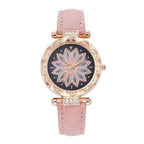 Popular Fashion 5 Set Pink Women Watch Ring Necklace Earrings Bracelet Set Watches Luxury Crystal Butterfly Leather Strap Ladies Quartz WristWatch (With Box)