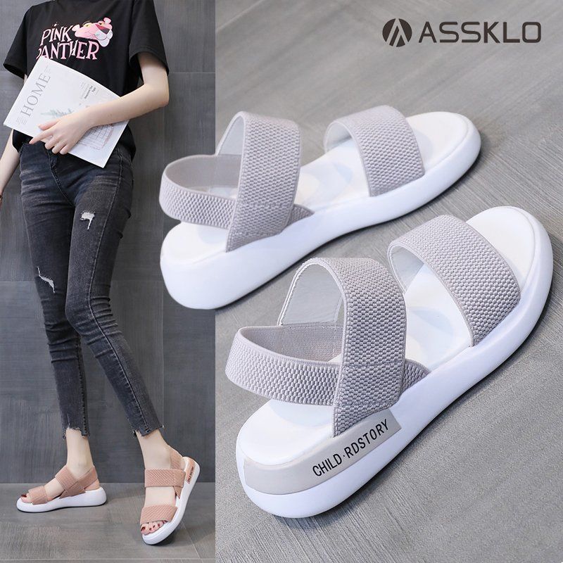 ASSKLO New Sandals Women Ins Soft Sole Elastic Band Korean Version Wild Sports Women's Shoes Tide ladies shoes girls shoes Pregnant women's shoes Maternity shoes Open Shoes Grey Black