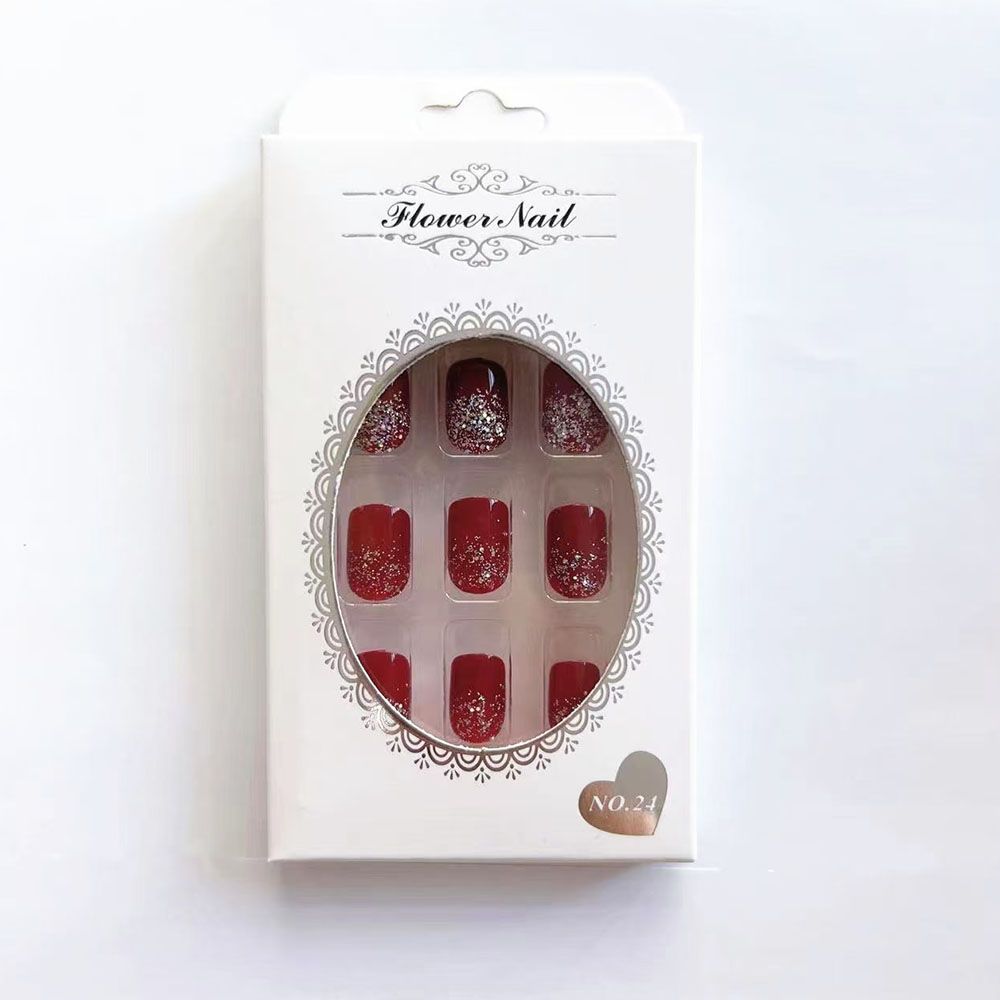 Short red nail art finished product, red finger root glitter nail art sheet, fake nail sticker nail art tool