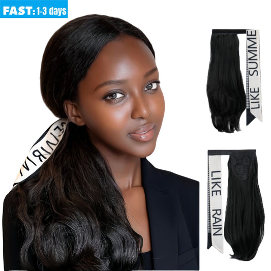 Velcro Ponytail Extension for Instant Volume | Long Curly Hair with Big Waves & Invisible Attachment (Black, 18 Inch, Secure Fit, Daily/Special Occasion Use)