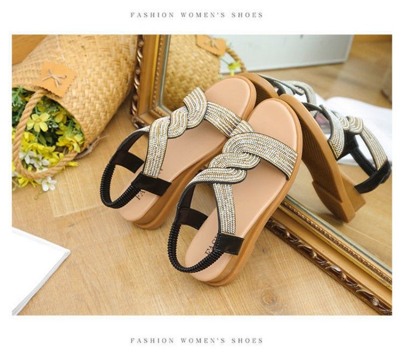 Wedge Flats Sandals Cross Wide Strip Design Sense Rhinestone Fashion Casual Women's Shoes