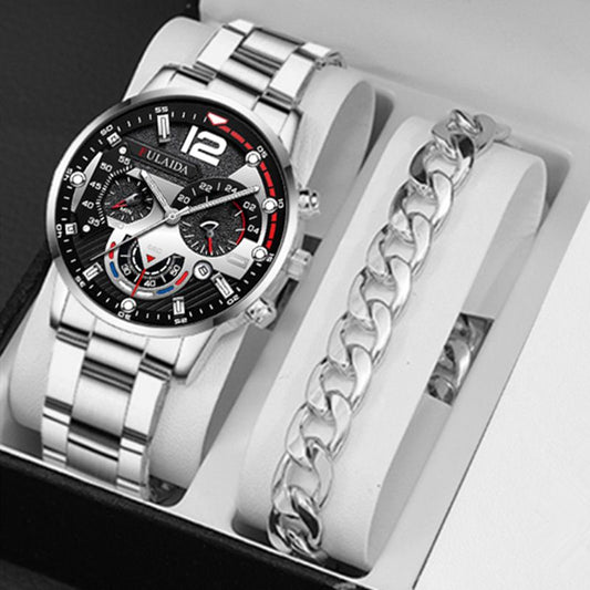 2PCS Fashion Mens Calendar Watches Luxury Male Stainless Steel Quartz Wristwatch Luminous Clock Men Bracelet Wrist Watch