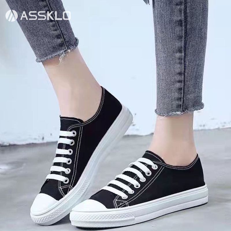 ASSKLO Flats shoes flat heel low top solid color black women's canvas small white shoes versatile version Black shoes