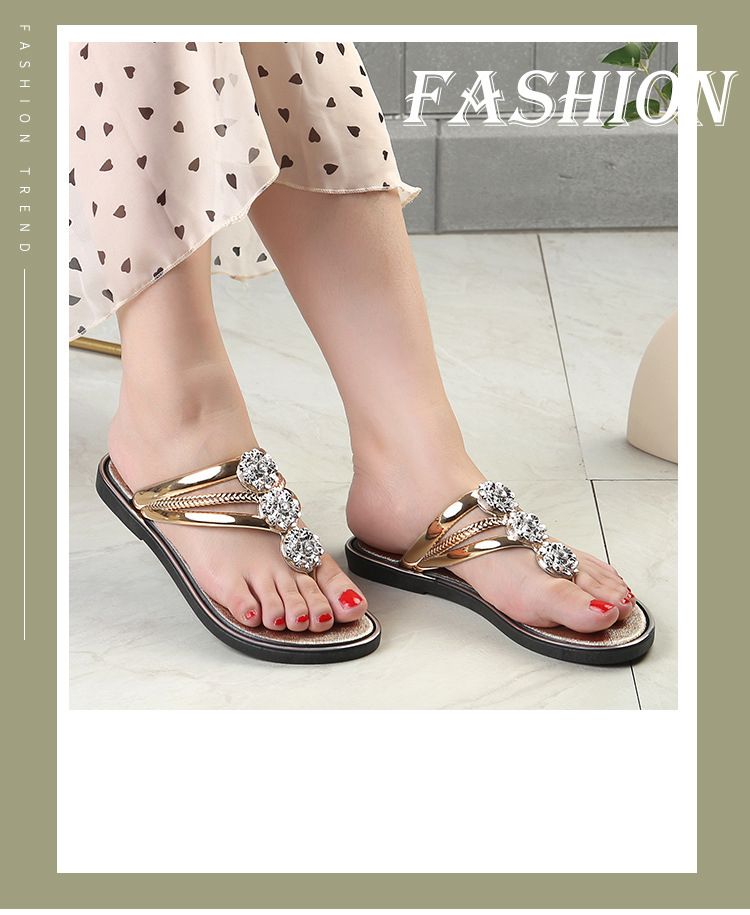 Size 38-43 Women's slippers sandals girls outdoor pinch-foot flat ladies shoes flower flip-flops students outside wear Flip Flops open shoes gold