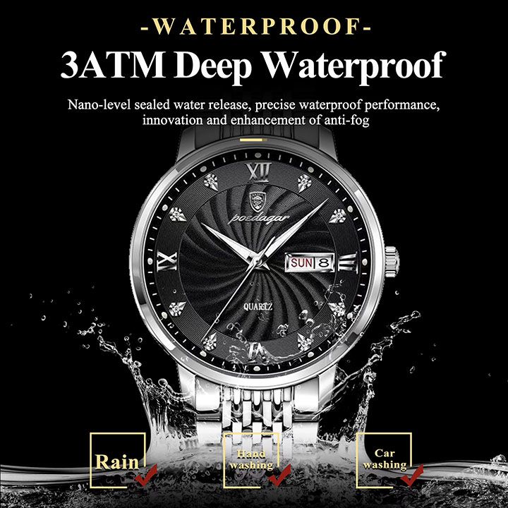 POEDAGAR Men watches Waterproof Luminous Date Week Men's Quartz Dual Calendar Wristwatch Stainless Steel Fashion Sports Men Watches High Quality Quartz Clock Business Men's Watches