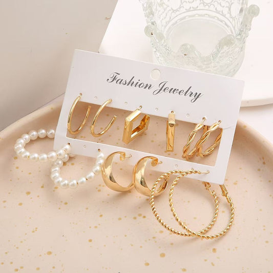 6 pairs of earring set New vintage pearl earrings set 6 pairs of stylish personality creative metallic earrings several shape earrings for women