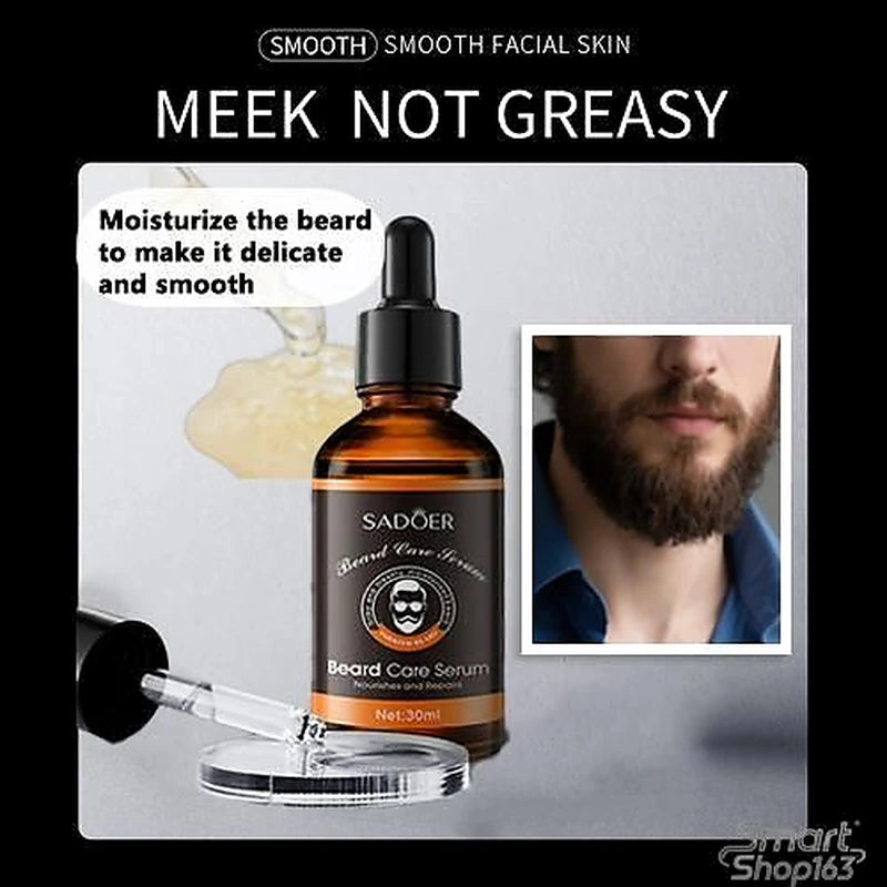 Beard care serum bottle with a dropper on a gray background, featuring text about smooth facial skin.