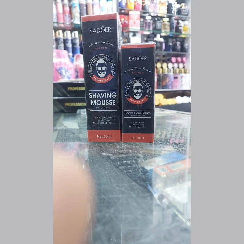 Two boxes of Sadoer shaving products on a reflective surface with a blurred store background.