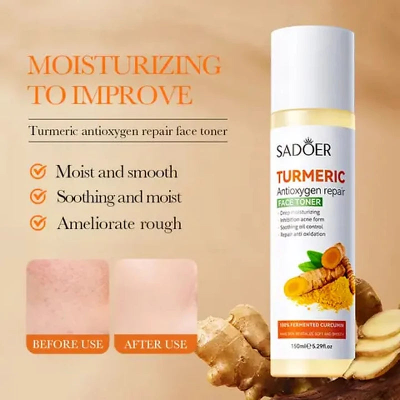 Sadoer Turmeric Antioxidant Repair Face Toner with before and after use skin comparison on a beige background
