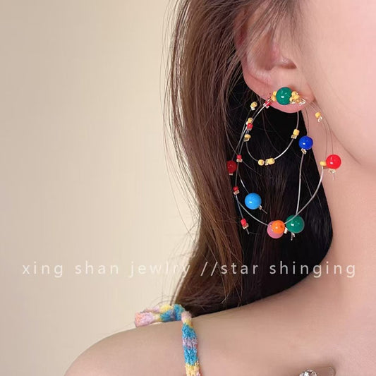 New Dopamine Colored Beaded Earrings with Personalized and Versatile Earrings, Non collision Style, Fun Ear Clips, Ear Accessories for Women (This style has ear clips)