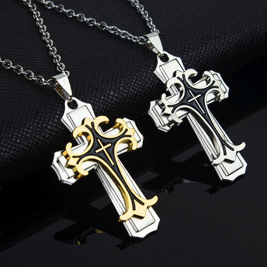 New two-layer oil drip personalized gold black cross men's titanium steel chain pendant necklace