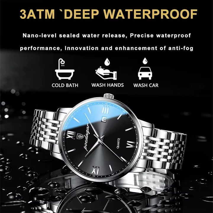 POEDAGAR Men watches Waterproof Luminous Date Week Men's Quartz Dual Calendar Wristwatch Stainless Steel Fashion Sports Men Watches High Quality Quartz Clock Business Men's Watches