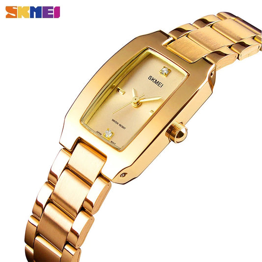 SKMEI Women Watch Rectangle Dial Elegant Quartz Japanese Lady Wristwatches Golden Stainless Steel Bracelet Watches