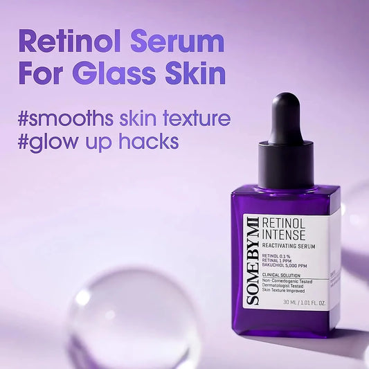 Retinol serum bottle with text on a purple background