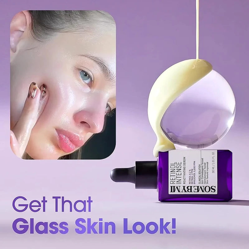 Skincare product with dropper and packaging on a purple background, featuring a close-up of skin.