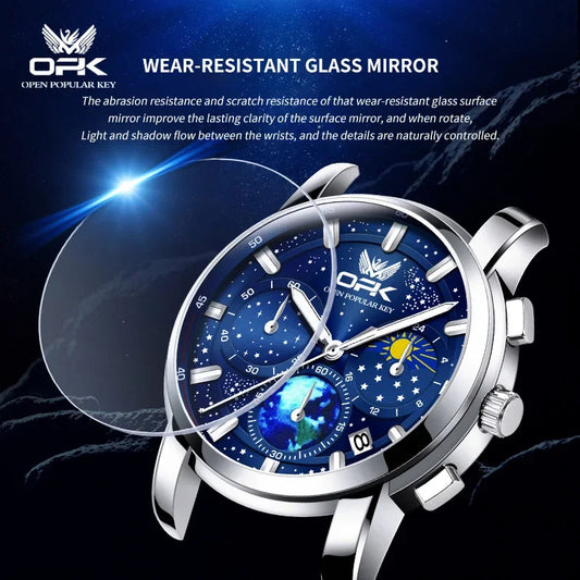 OPK Quartz Watches for Men Starry Sky Display Moon phase Multifunctional Stainless Steel Waterproof Luxury Mens Watch